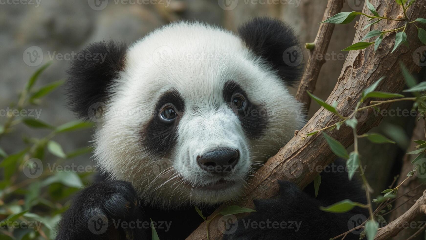 A panda holding a branch of tree photo