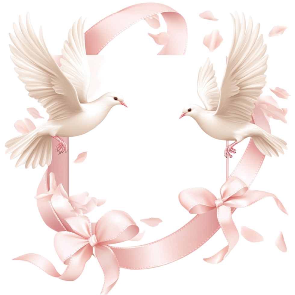 Romantic Pink Ribbon Frame with Doves and Petals png