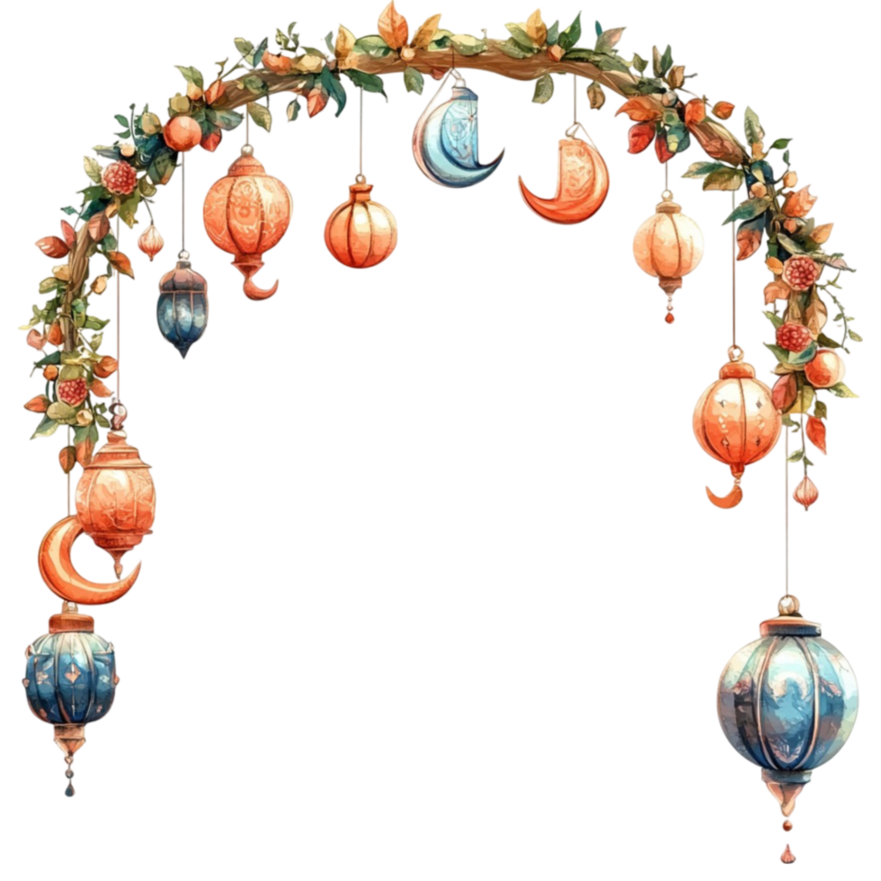 Watercolor Arch with Hanging Lanterns and Flowers png