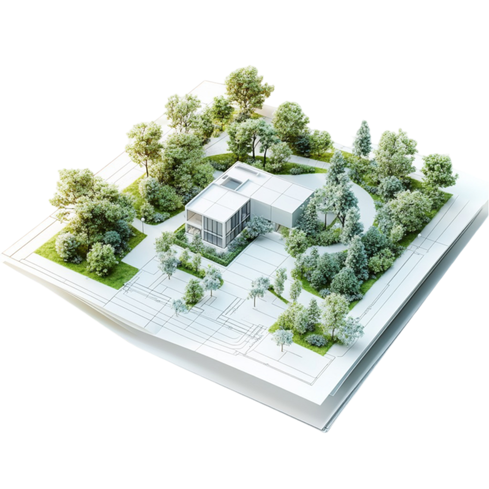 3D Architecture Design of House with Trees and Bushes png