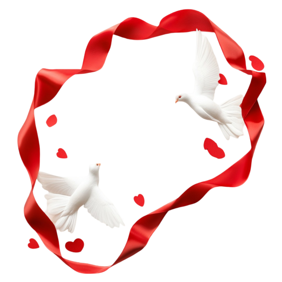 White Doves Flying Over Red Ribbon with Hearts png
