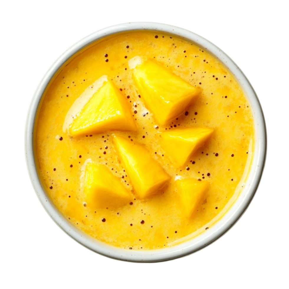 Mango Soup with Fresh Mango Chunks in White Bowl png