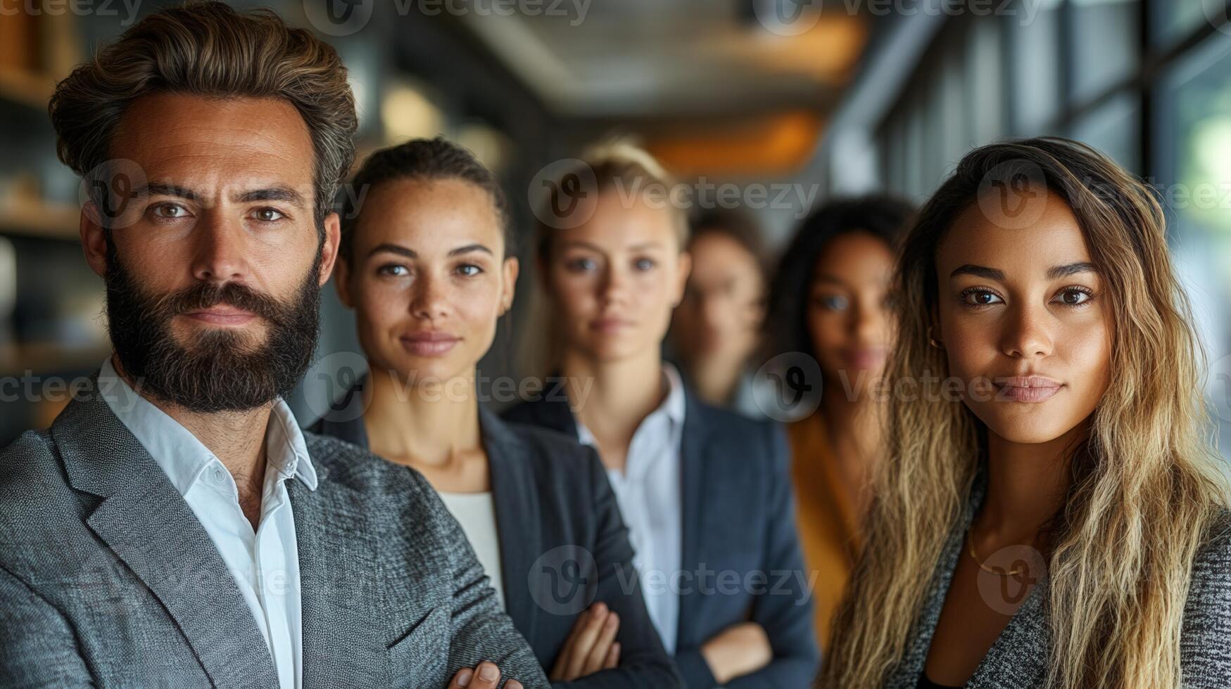 A self-confident entrepreneur stands at full height with a team of versatile people around him. photo