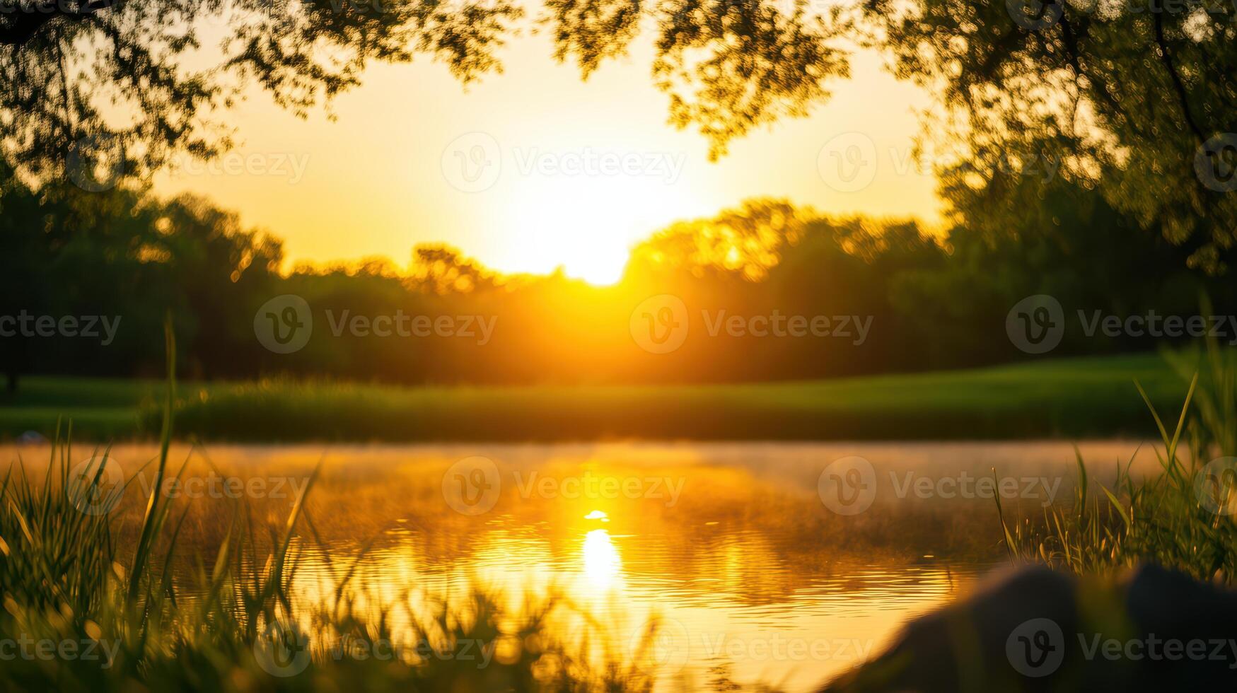 A beautiful sunset over a lake with trees in the background photo