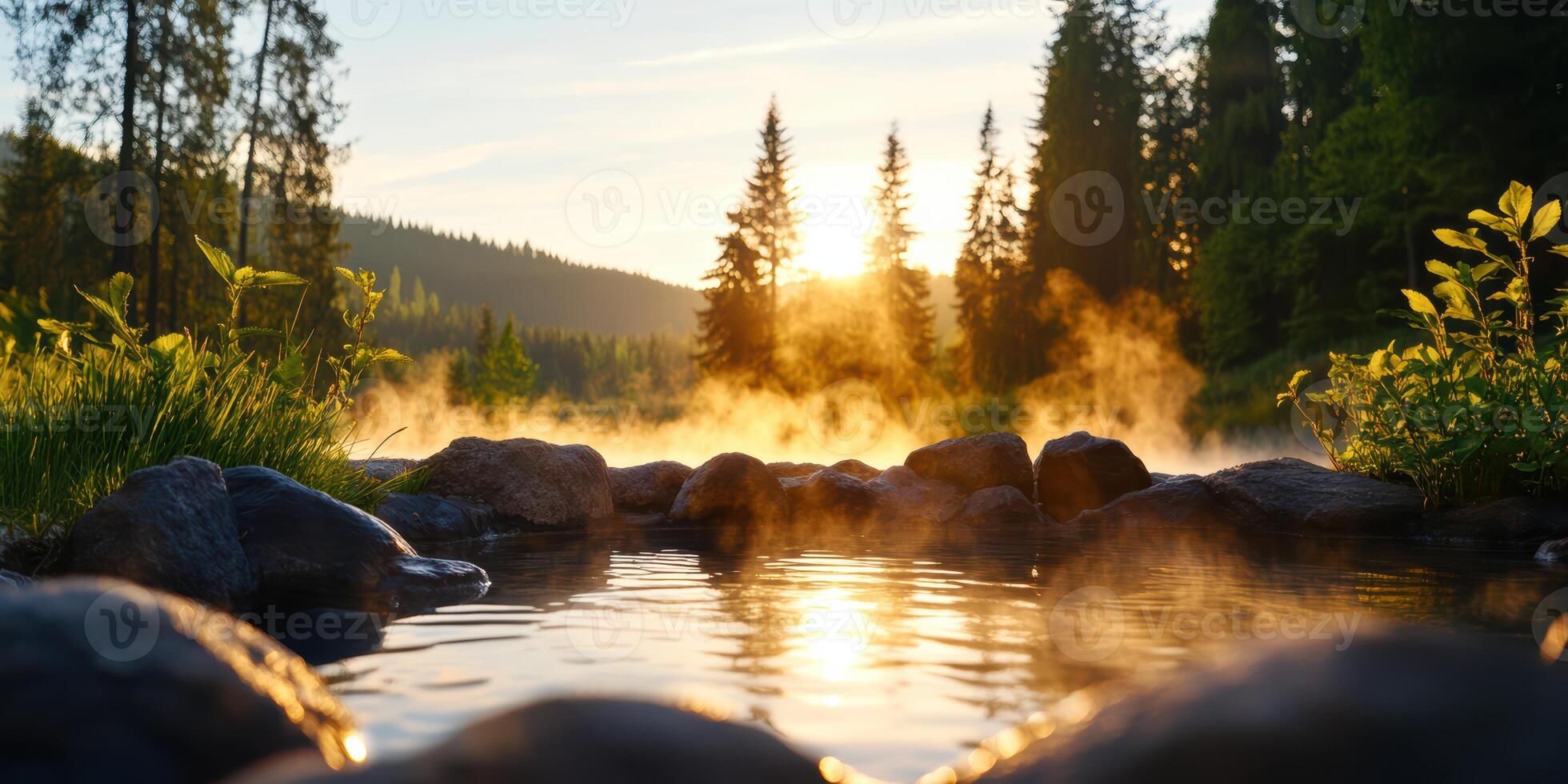 A hot spring with steam rising from it and a beautiful sunset in the background photo