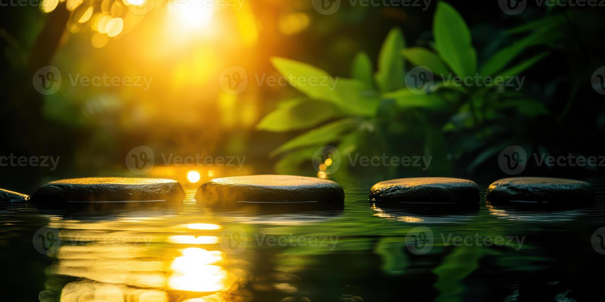 A series of rocks are floating in a pond with the sun shining on them photo