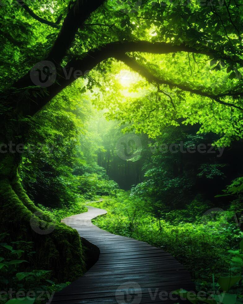 A path through a forest with a large tree in the foreground photo