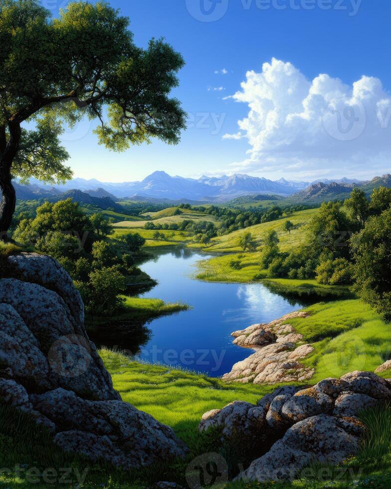 A beautiful landscape with a river running through it photo