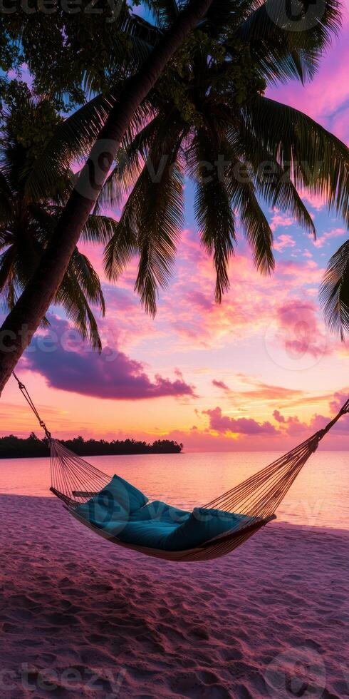 A hammock is hanging from a palm tree on a beach at sunset photo
