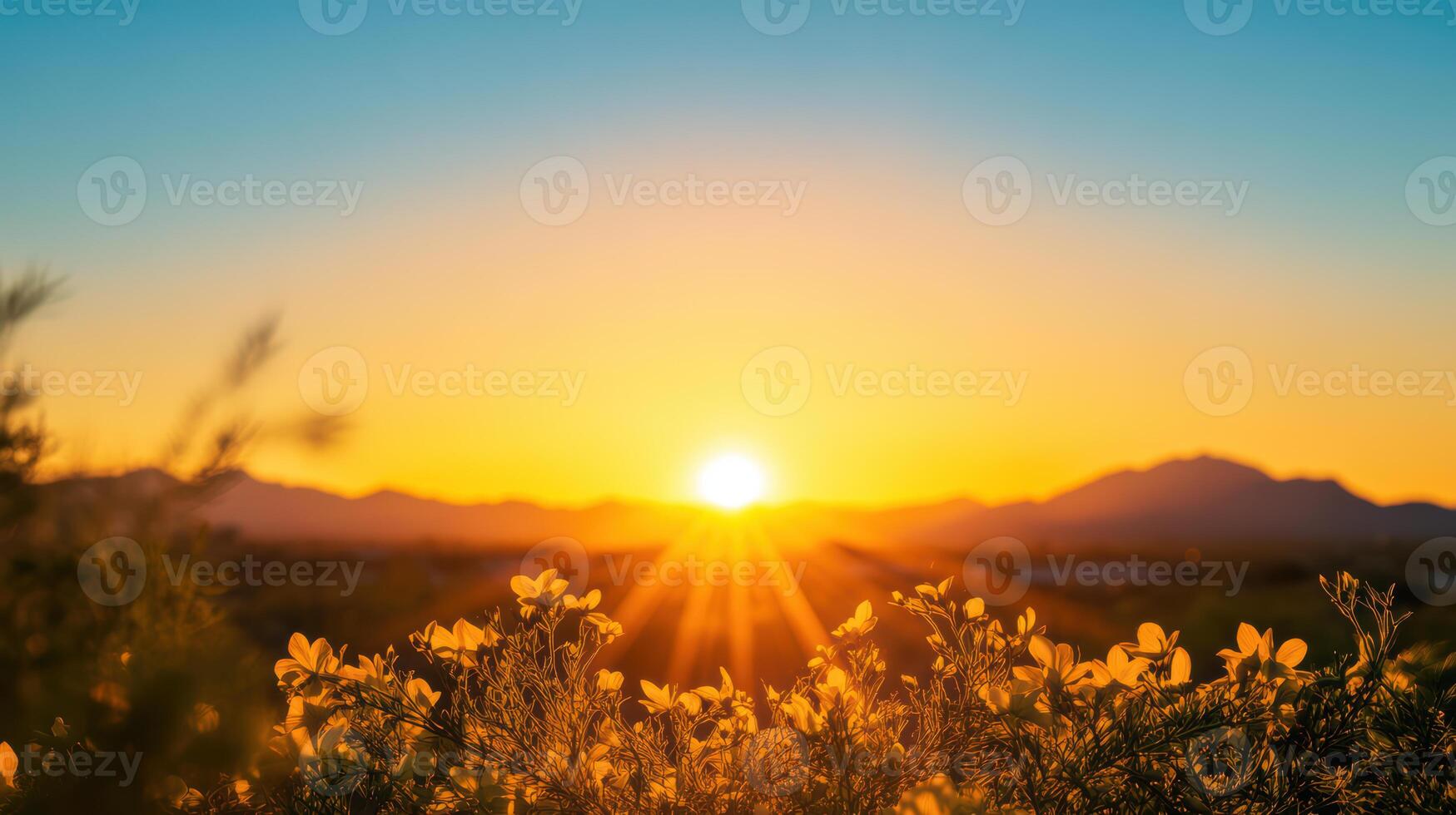 A beautiful sunset with a mountain range in the background photo
