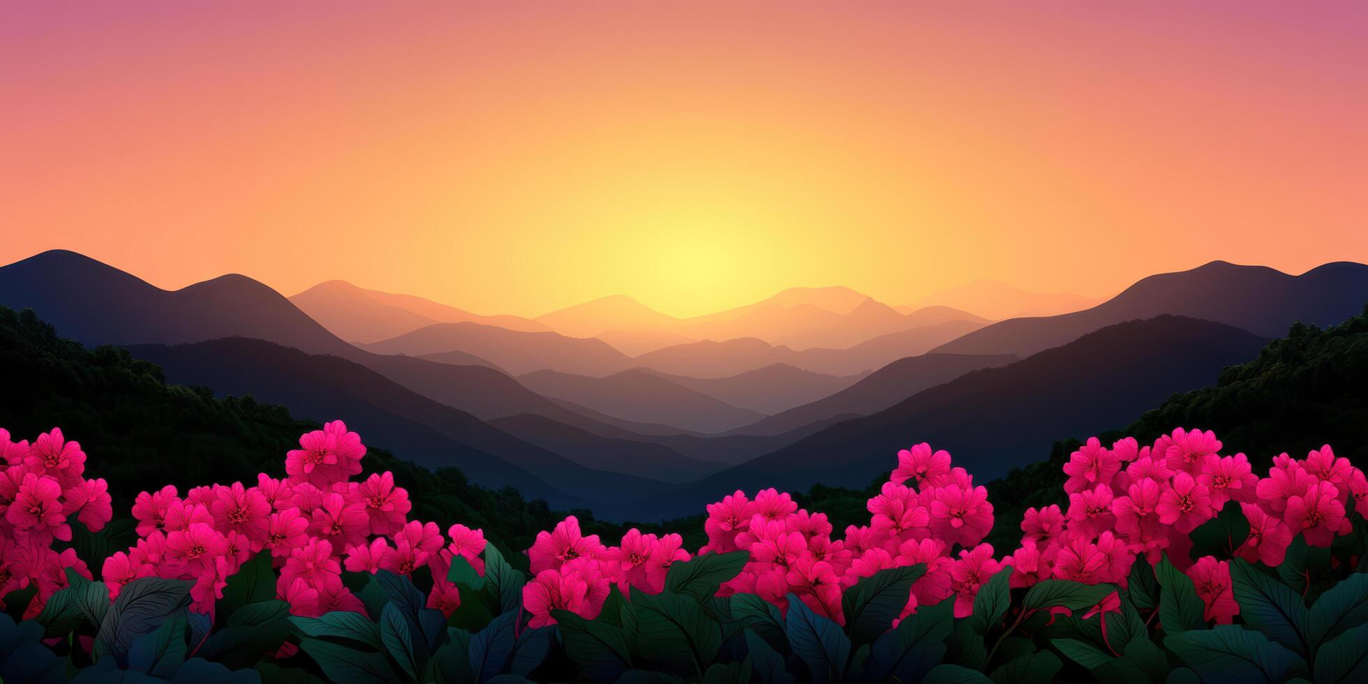 A beautiful mountain landscape with a pink flower field in the foreground photo