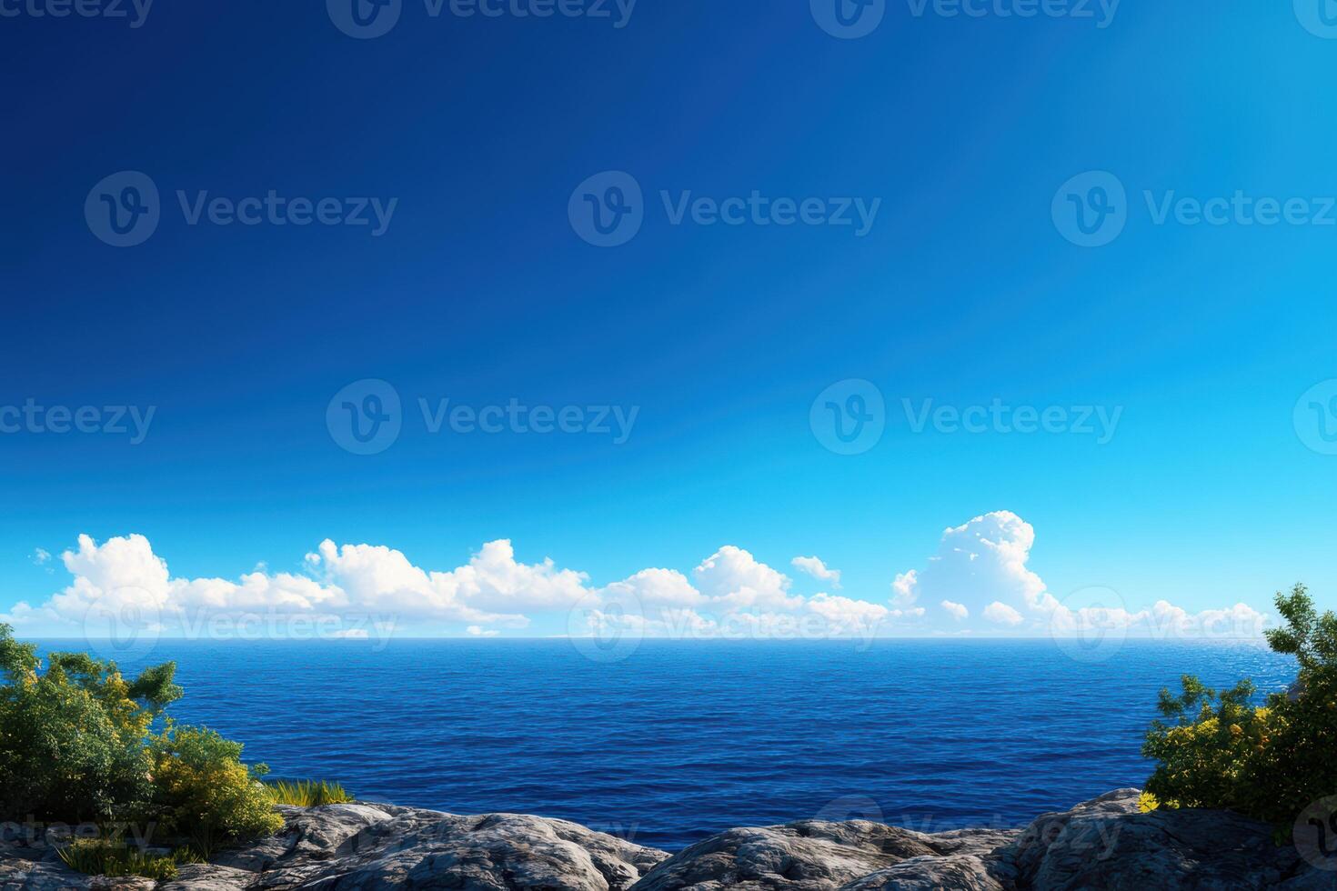 A beautiful blue sky with a few clouds and a large body of water photo
