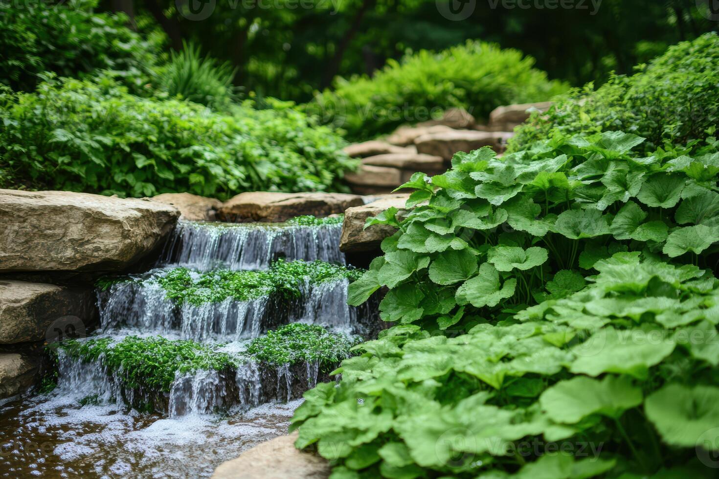 A small waterfall flows over a rock wall in a lush green garden photo