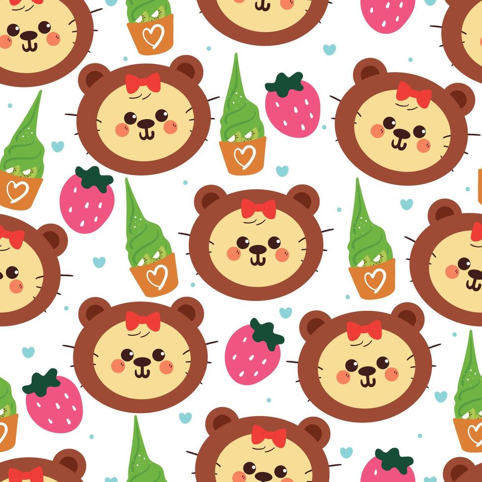 seamless pattern cute cartoon cat inside bear costume with sweet dessert doodle. cute animal pattern for wallpaper, background and gift wrap paper vector