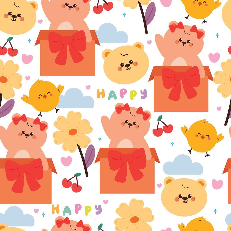 seamless pattern cartoon bear inside a box with chick and flower. cute animal wallpaper for fabric print, gift wrap paper vector