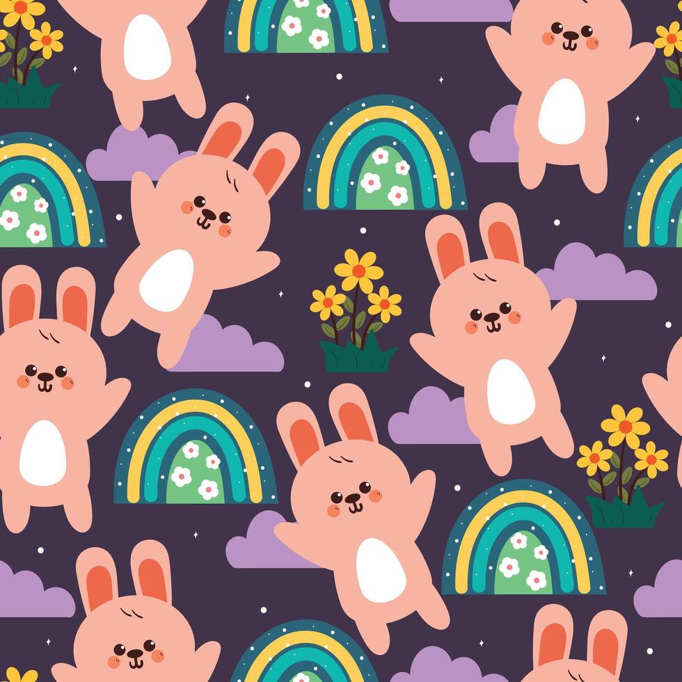 seamless pattern cute cartoon bunny with sky element and flower. cute animal drawing for valentine wallpaper, pattern, background vector