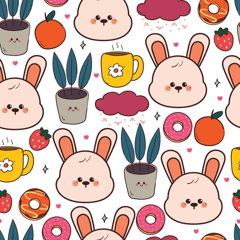 seamless pattern cute cartoon bunny with plant and food. cute animal drawing for wallpaper, pattern, background vector