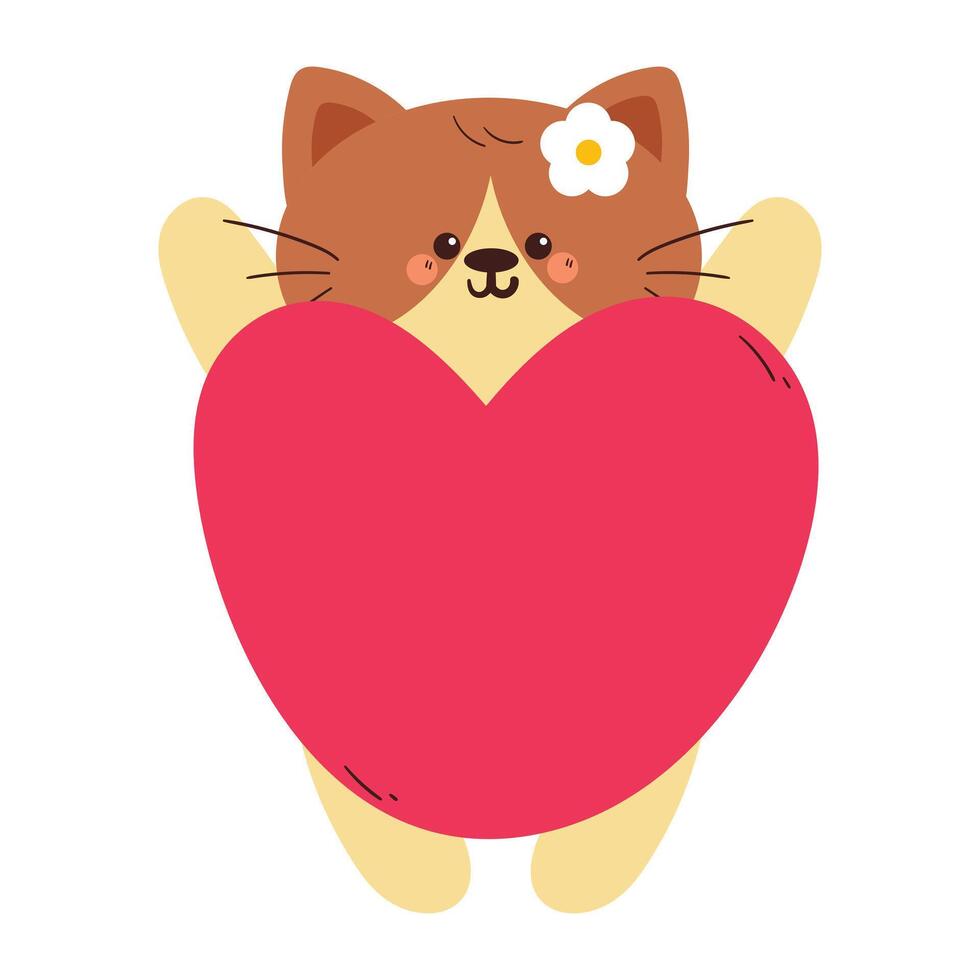 hand drawing cartoon cat with big pink heart balloon. cute animal drawing, doodle for valentine sticker and icon vector