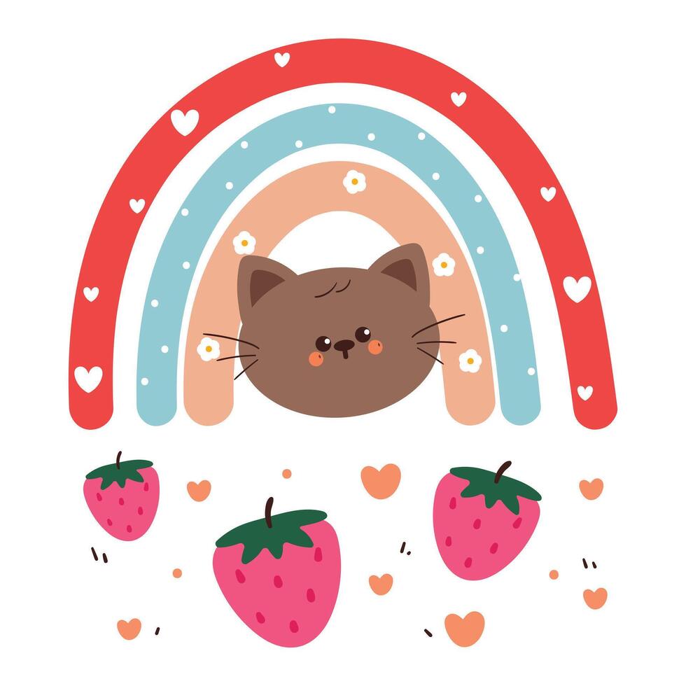cute hand drawing cartoon boho rainbow character design wit cat and strawberry shower. cute sky element sticker vector