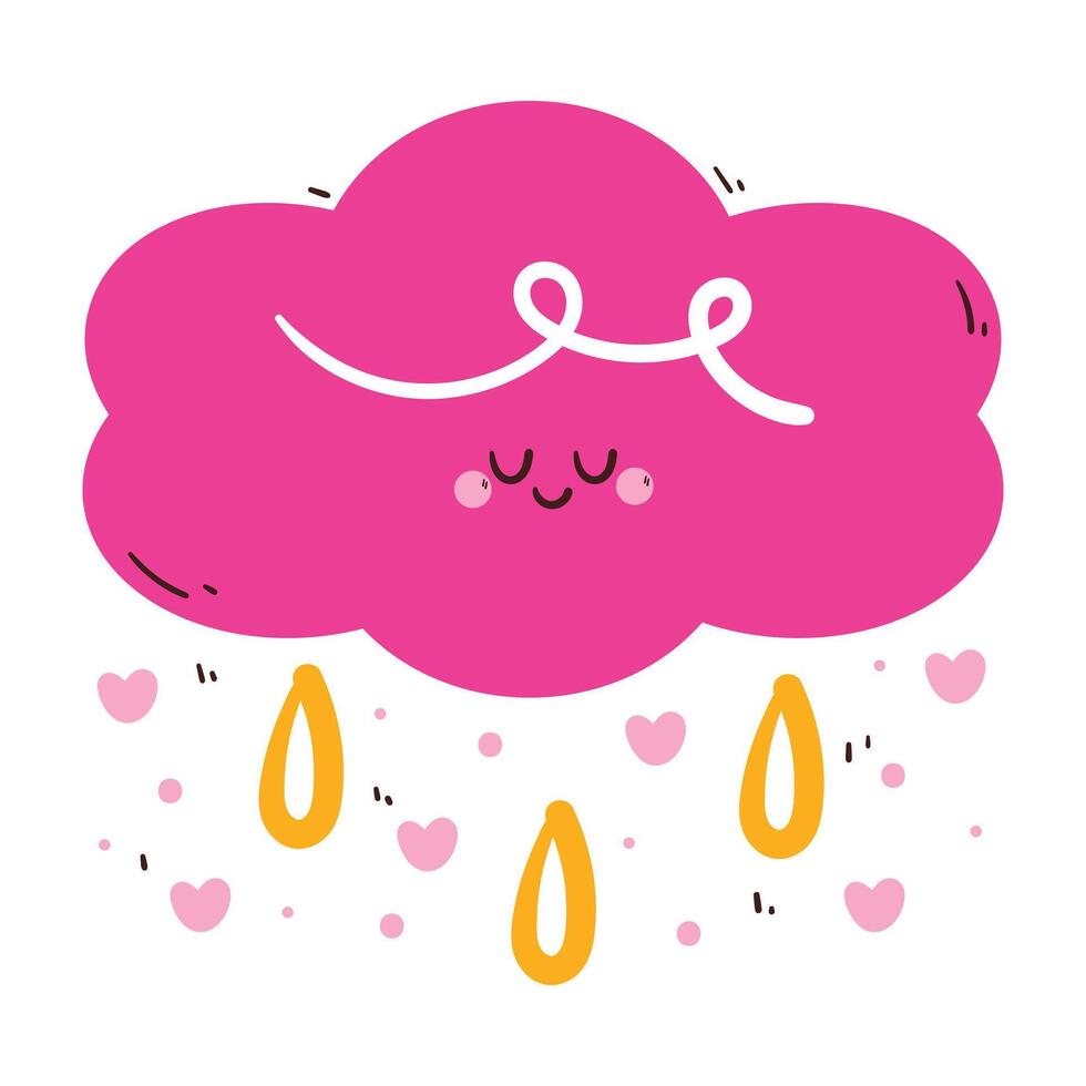 cute hand drawing cartoon pink cloud character with heart shower vector