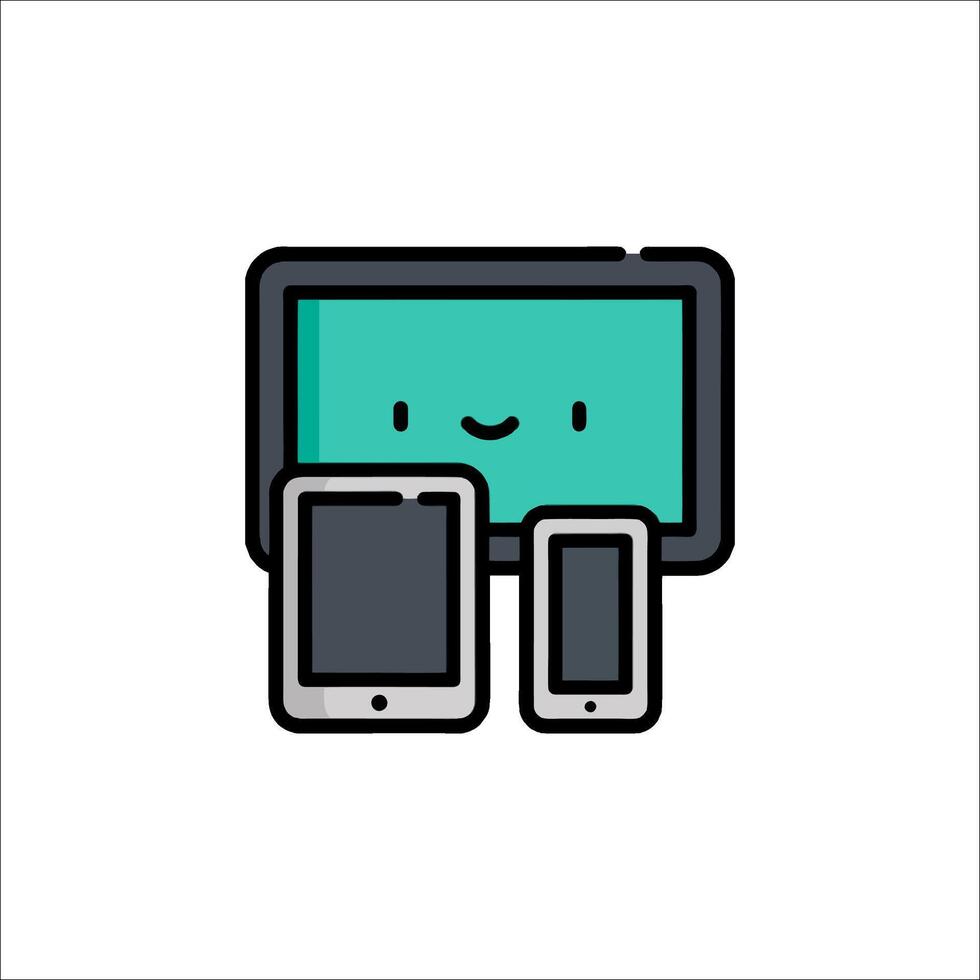 A cartoon character is sitting on a computer and a tablet vector