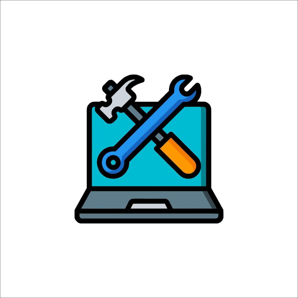A laptop with a wrench and hammer icon vector