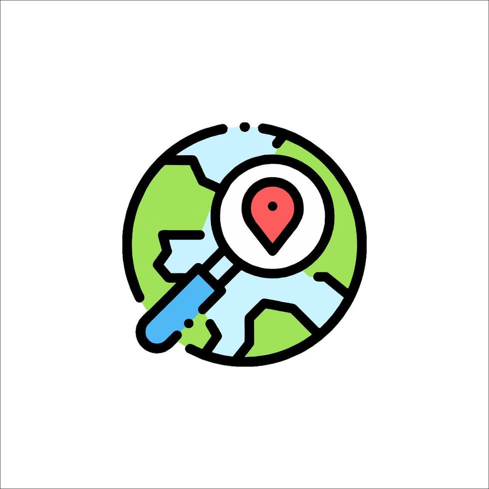 A globe with a magnifying lens and a map icon vector