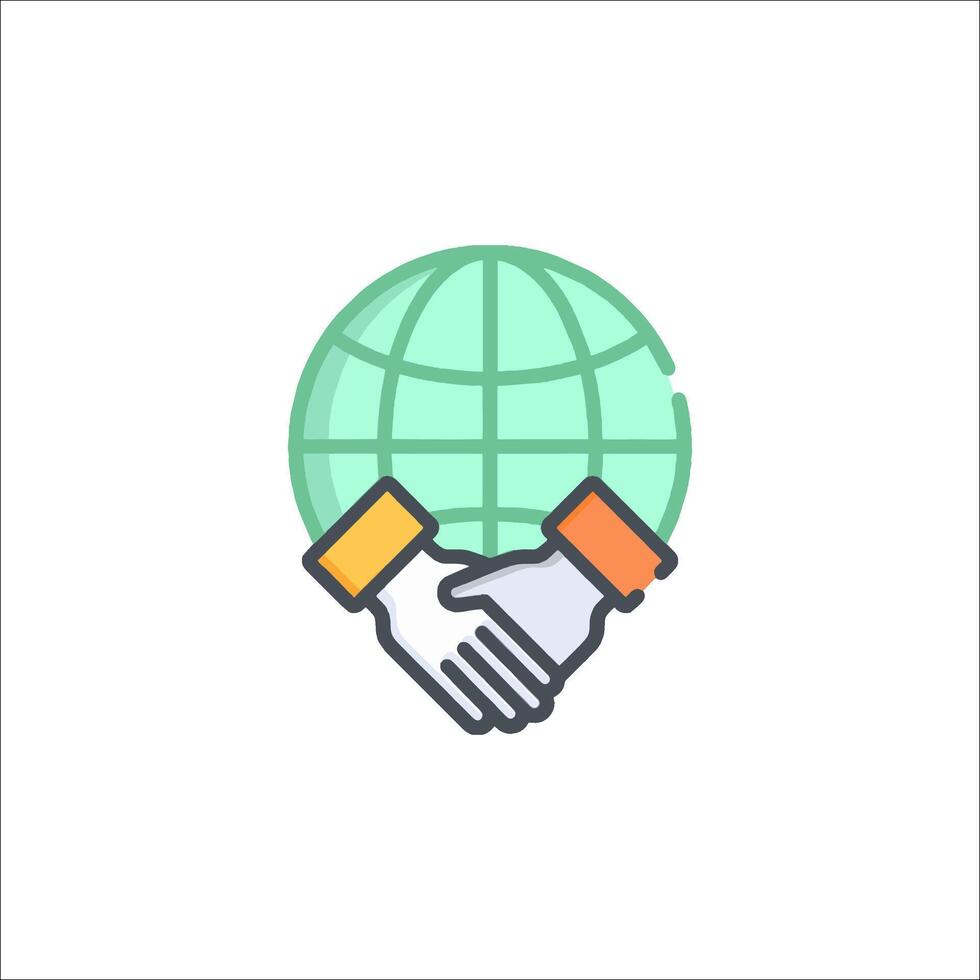 Handshake icon with a globe and two hands vector
