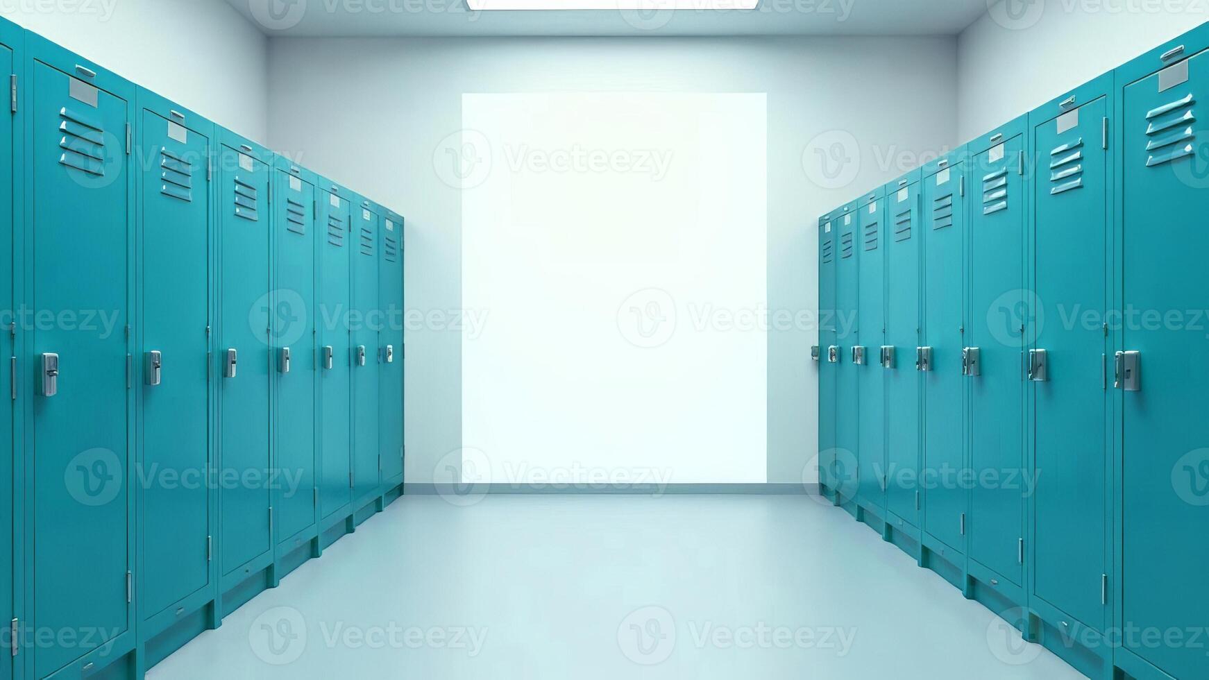 Blue lockers in the school locker room with blank space for text on the wall photo