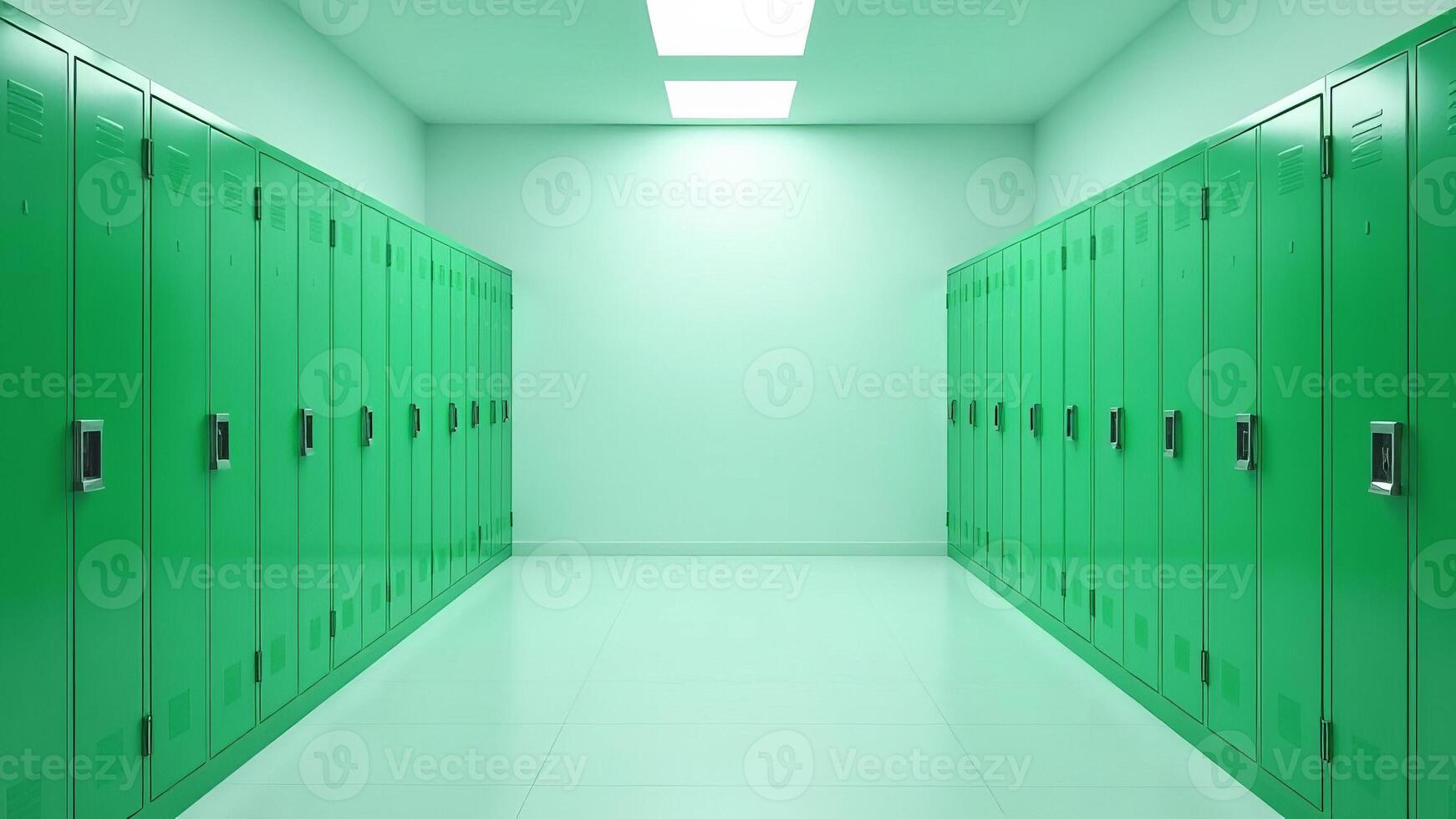 Green lockers in the school locker room with blank text space on the wall photo