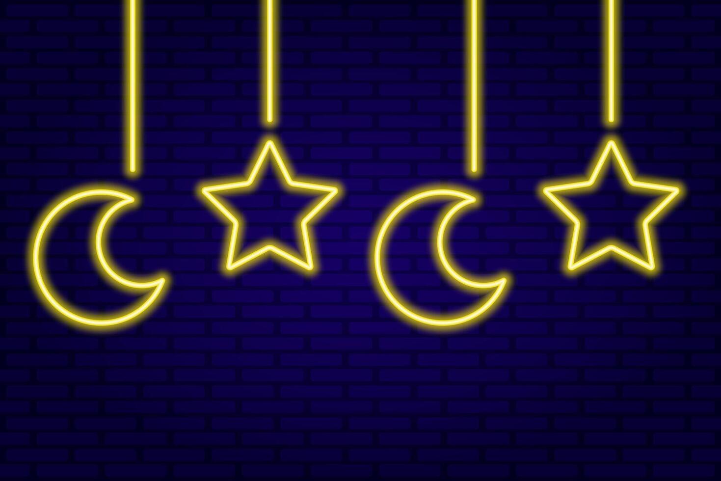 Neon Moon and Stars signs on Dark Brick Wall background vector
