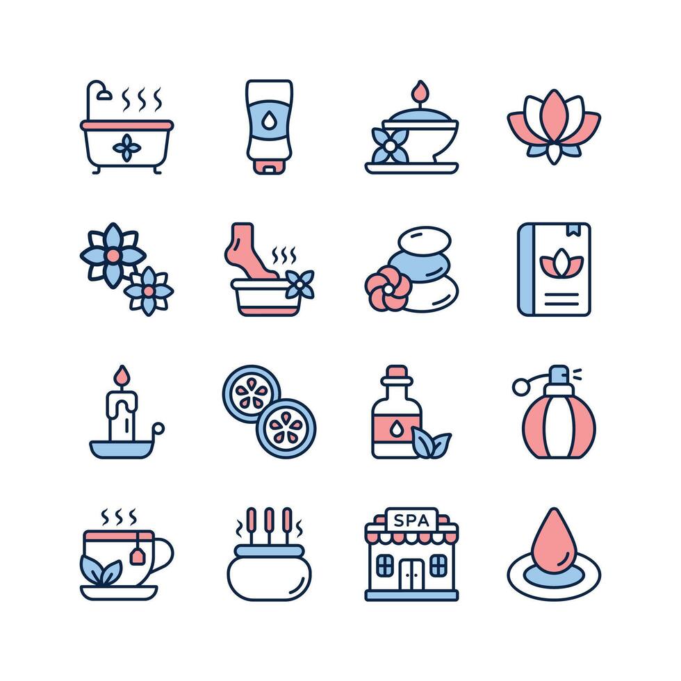 This set of premium icons represents various elements of a spa and wellness experience vector