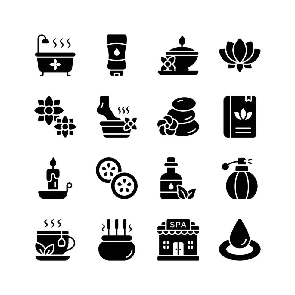 This set of premium icons represents various elements of a spa and wellness experience. vector