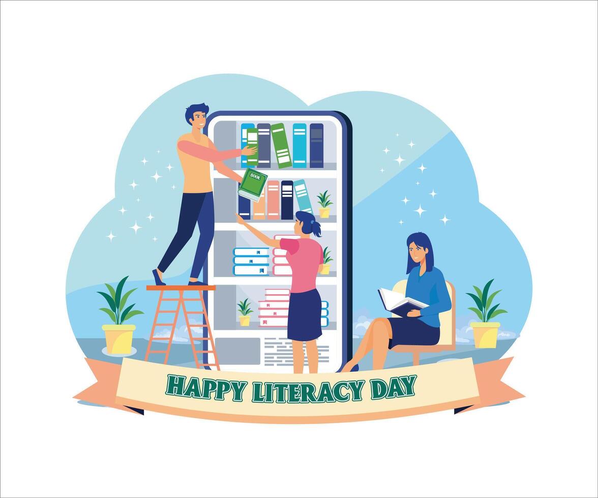 People read books in digital libraries on a giant smartphone screens with various books. Happy Literacy Day on the 8th of September. Flat modern illustration vector