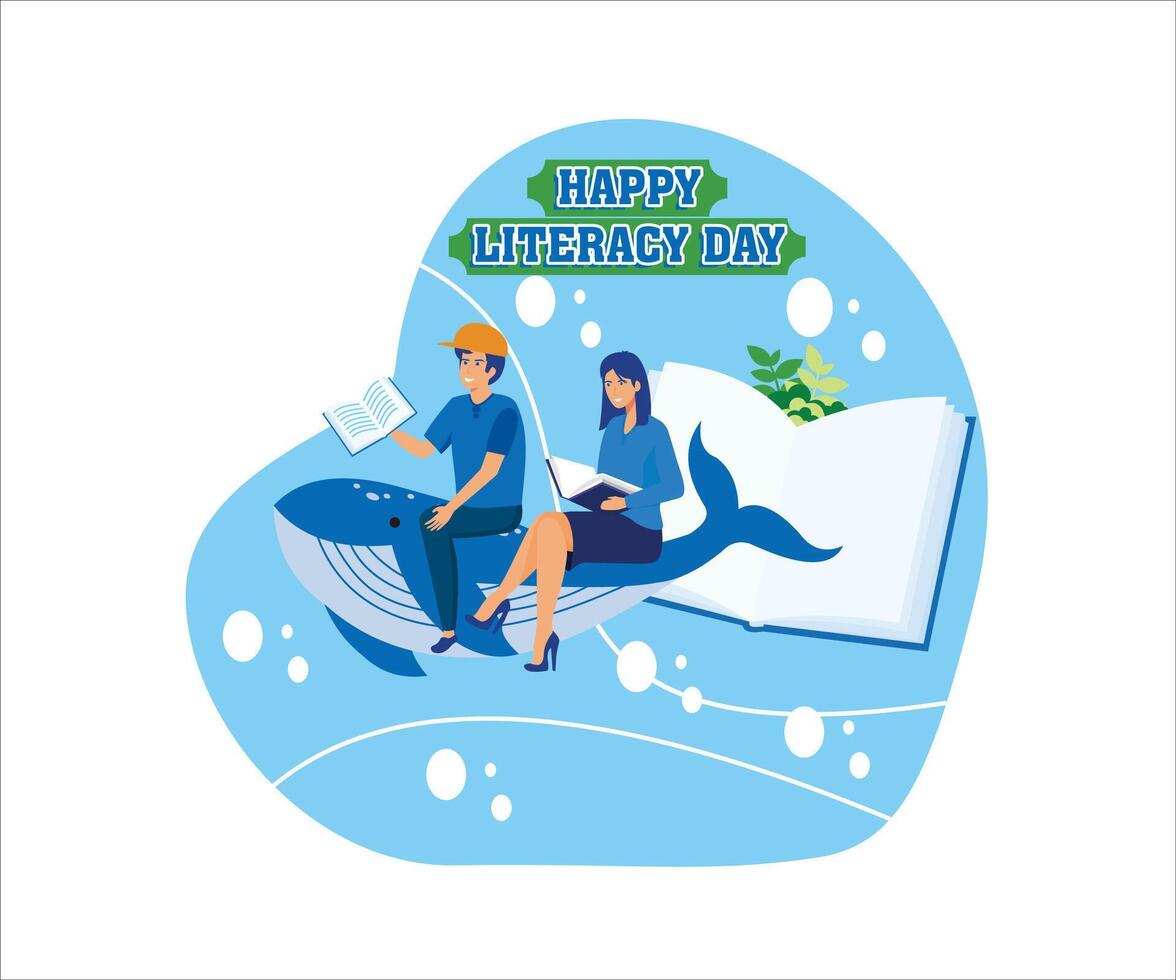 Happy Literacy Day. Childrens Imagination Concept, Reading Books Becomes an Adventure of Fantasy and Imagination. Flat modern illustration vector