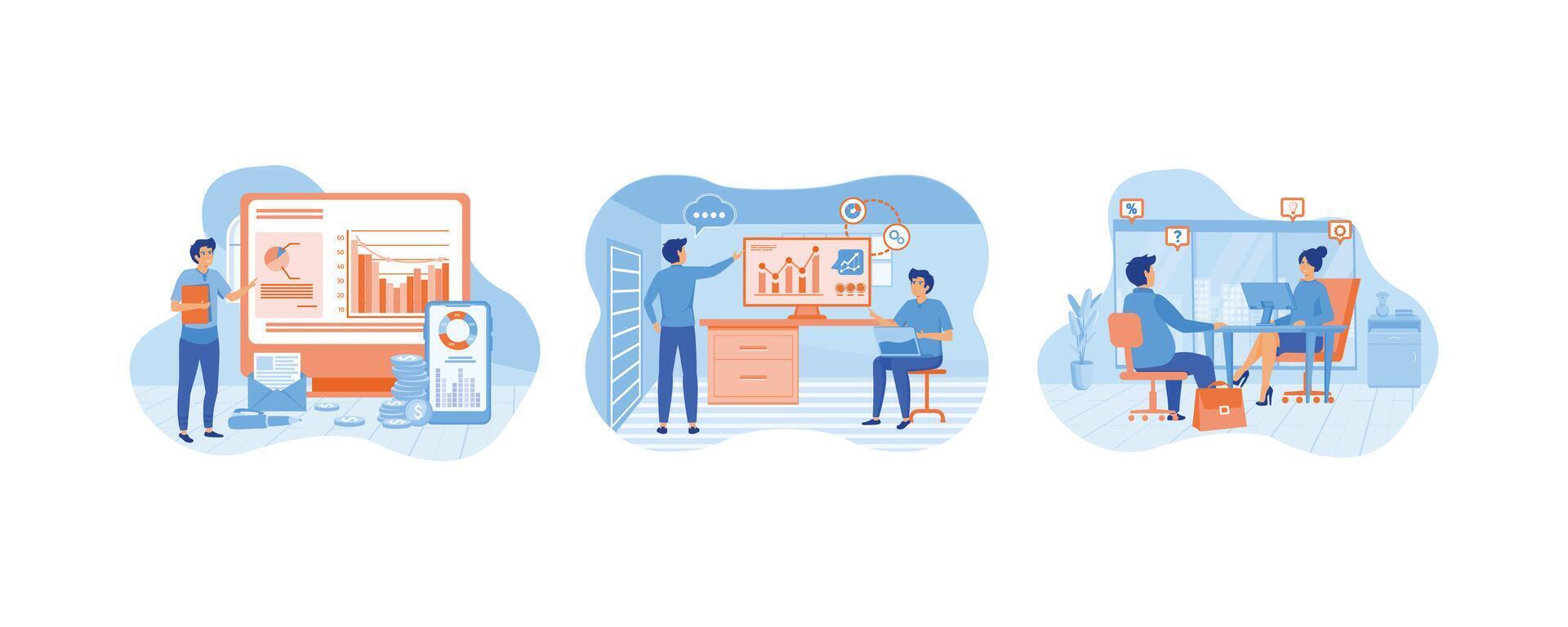 Finance analyst assistant, consultant financial. Two business team meeting for analysis marketing. Businessman talking with female financial consultant. Set flat modern illustration vector