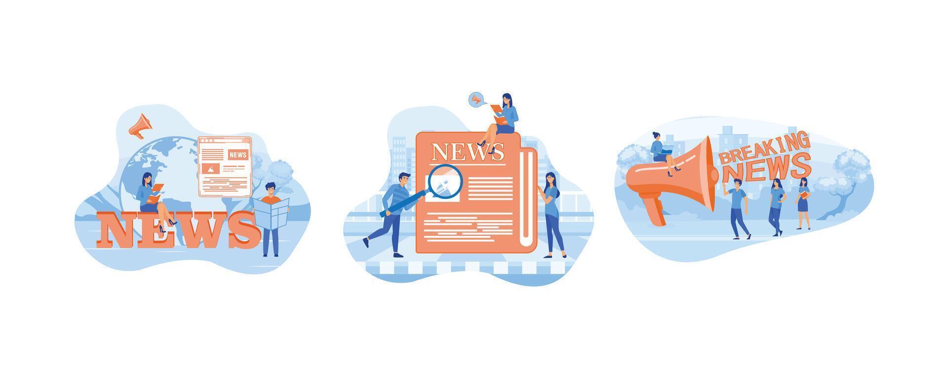 People around news sign sitting and reading newspapers. Tiny people read breaking news on newspaper. Breaking news signis heard from a large megaphone. Set flat modern illustration vector