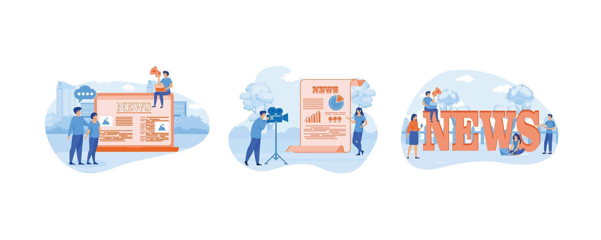 People read breaking news online using laptop. Breaking News Reporter With Broadcaster on the Monitor About Information Incident. Online breaking news concept. Set flat modern illustration vector