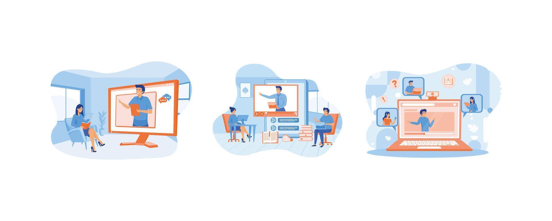 Online education concept. Online education and E-learning at home by webinar training and design for Webinar. Smiling people using headphones for a call. Set flat modern illustration vector