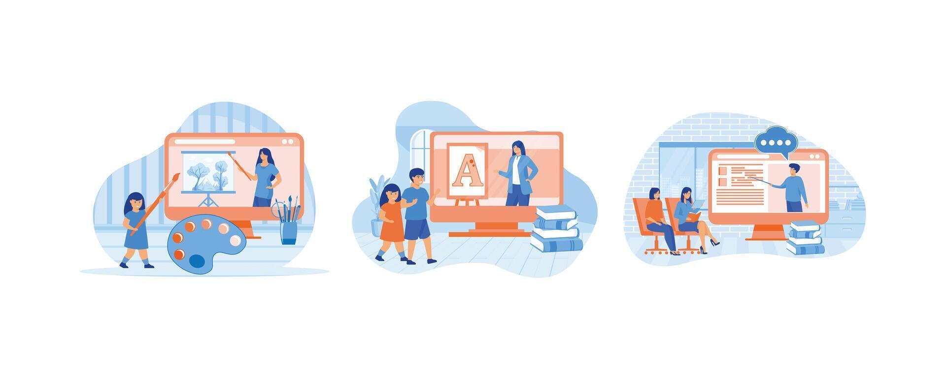 E-learning, distance education. Online early childhood education courses. Group of students in distance learning. Set flat modern illustration vector