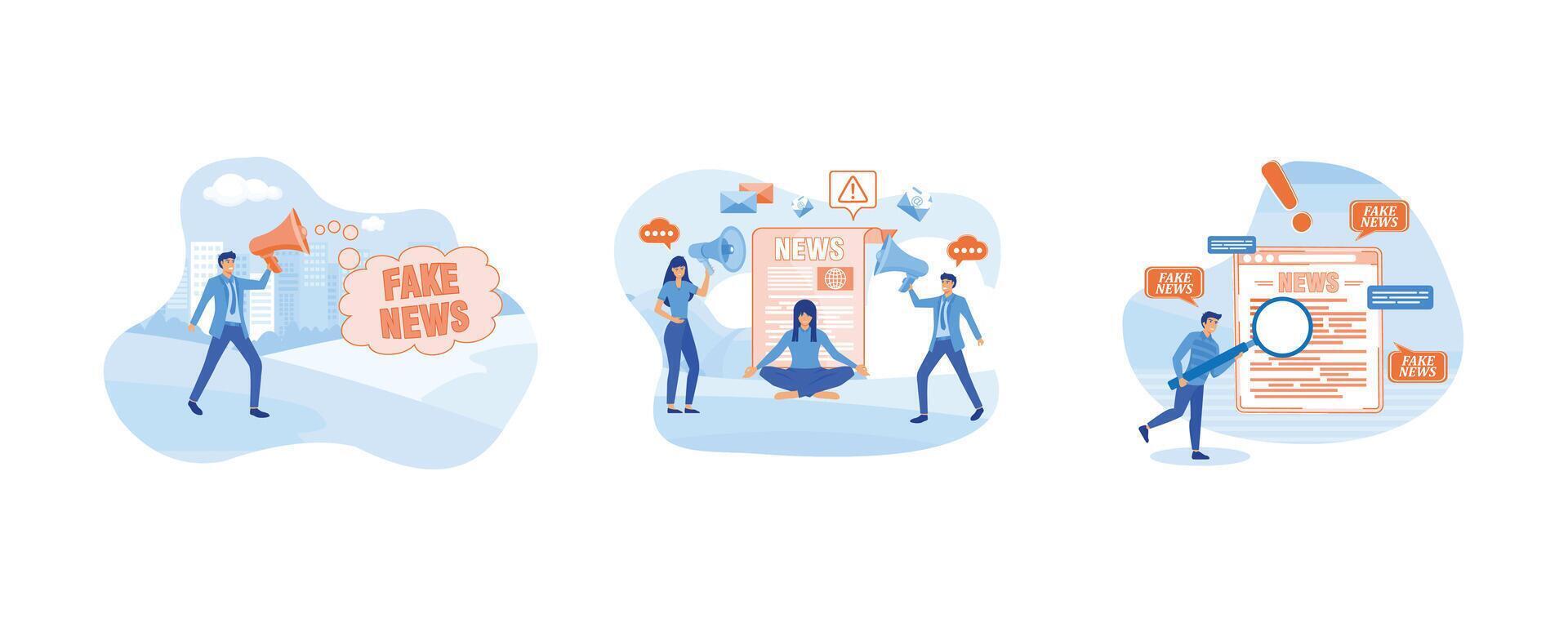 Fake news or misleading information that people share on social media. Stop spreading hoax and fake news. Man shocked from article in online press with lies. Set flat modern illustration vector