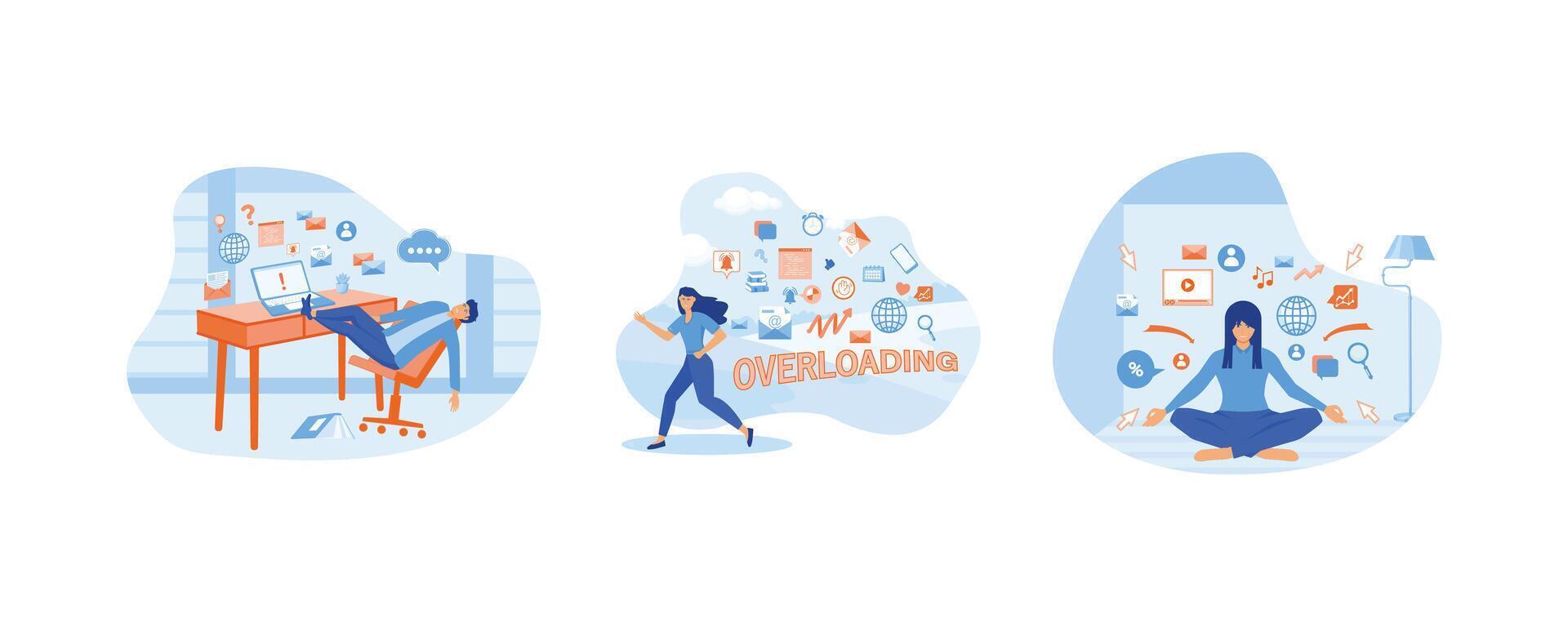 Information overload concept. Young woman running away from information stream. Dome filter protects the girl from unnecessary information emails. Set flat modern illustration vector