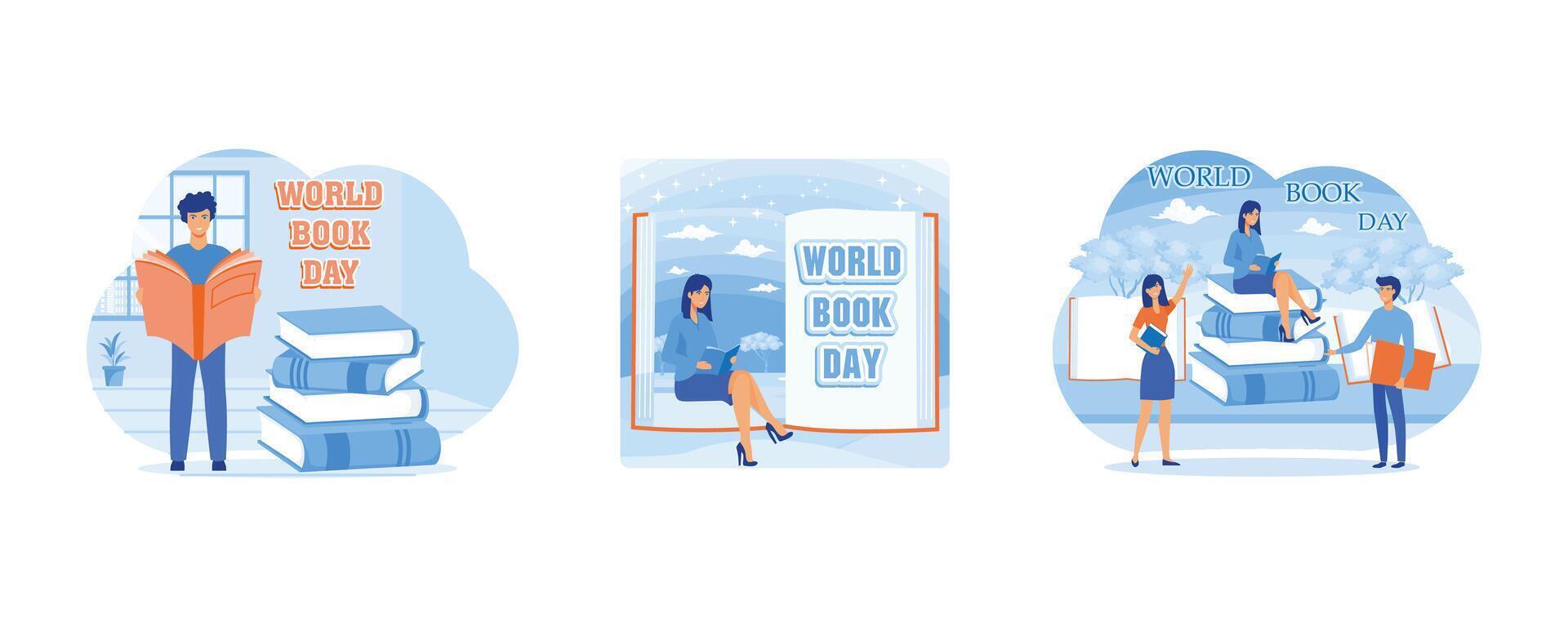 Young boy reading books. A girl reads a fantasy book against the background of a large book. Reading a picture book on World Book Day. Set flat illustration vector