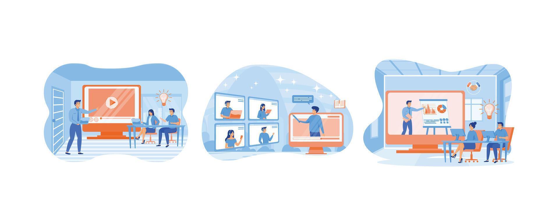 Professional training, education, tutorial, online business courses, presentation. Online training concept. Online Training Conference for Office Workers. Set flat modern illustration vector