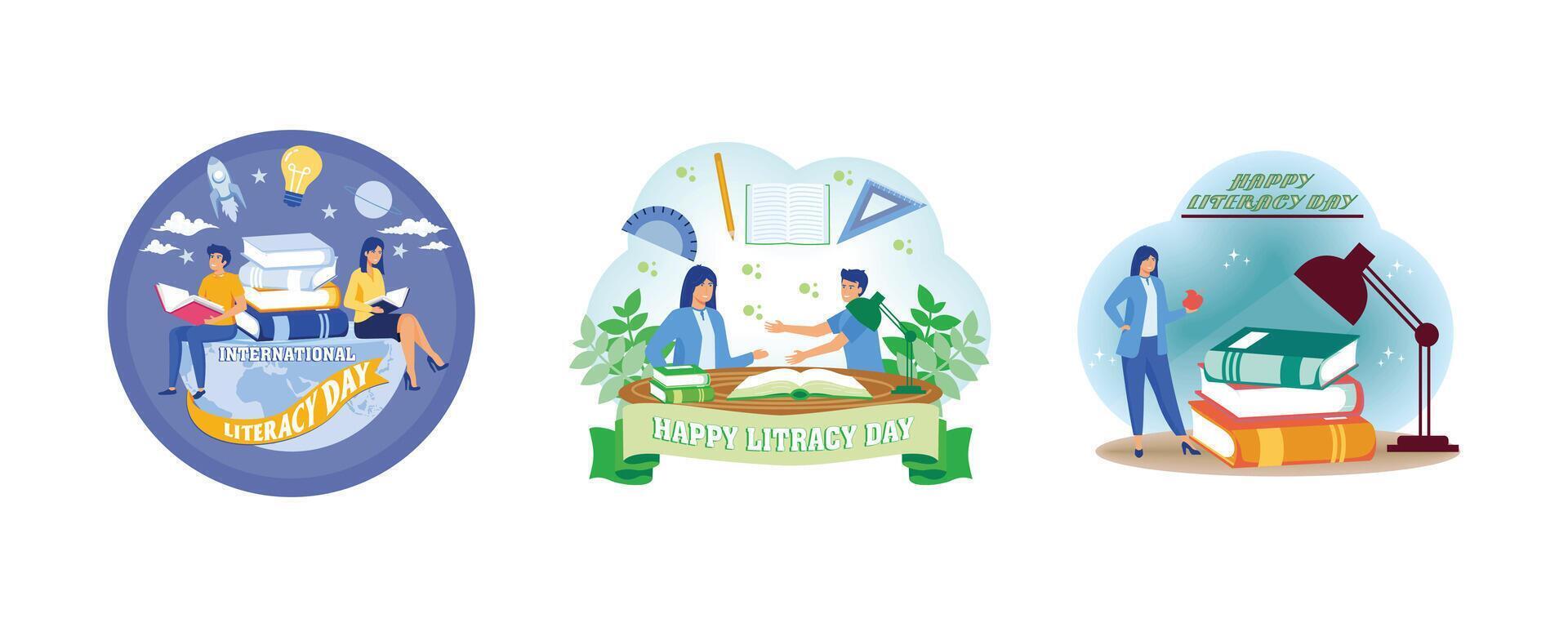 Happy Literacy Day. People celebrate international literacy day and happy student day by working on computers and reading books. 8th September Celebration of International Literacy Day. vector