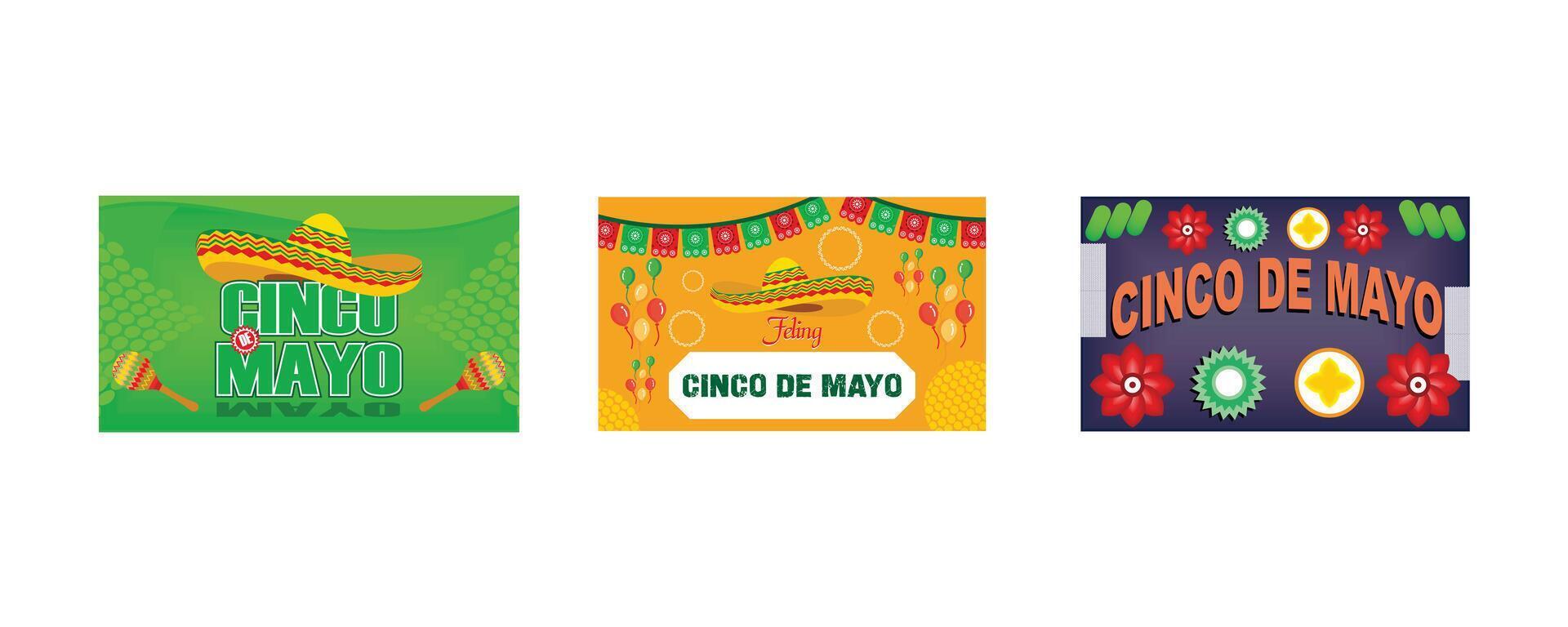 Cinco de Mayo emblem design with lettering, sombrero and maracas symbols of holiday. Banner with sombrero, balloons, buntings and text Feliz Cinco de Mayo. Cinco de Mayo May 5. vector