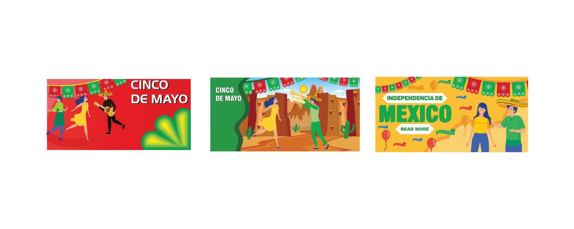 Men and women take part in the parade on the occasion of cinco de mayo. Mexican Cinco de mayo holiday with female dancers and mariachi musicians. Mexican independence day. Set flat illustration vector
