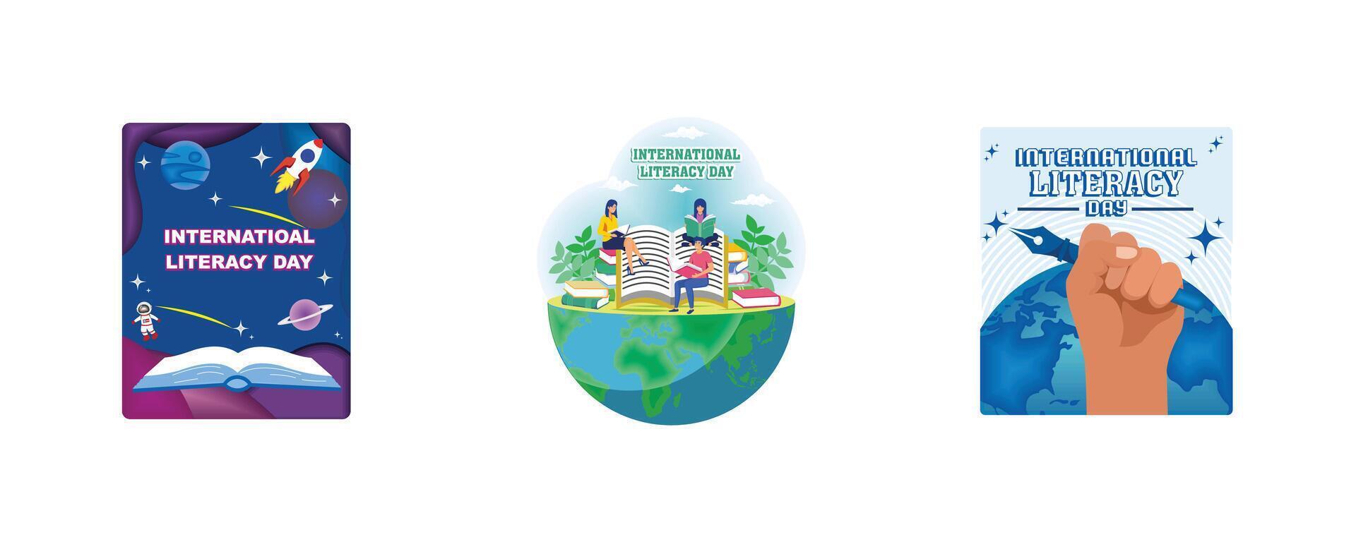 Square International Literacy Day background with open books and outer space. World Literacy Day. International Literacy Day design template good for celebration. Set flat illustration vector