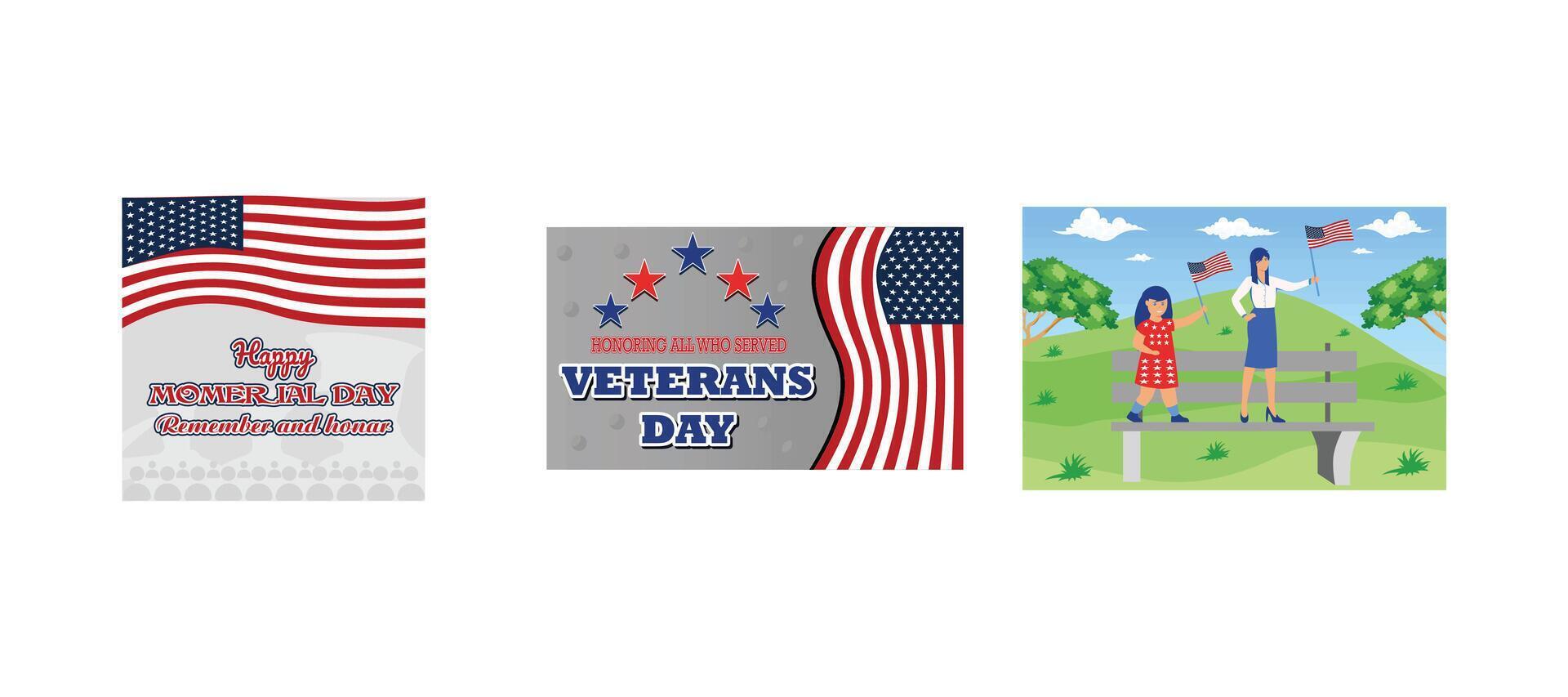 Greeting card with flags and soldiers. Happy Veterans Day concept made of American flags. A group of two adorable little girls smiling and waving an American flag. Set flat modern illustrations vector