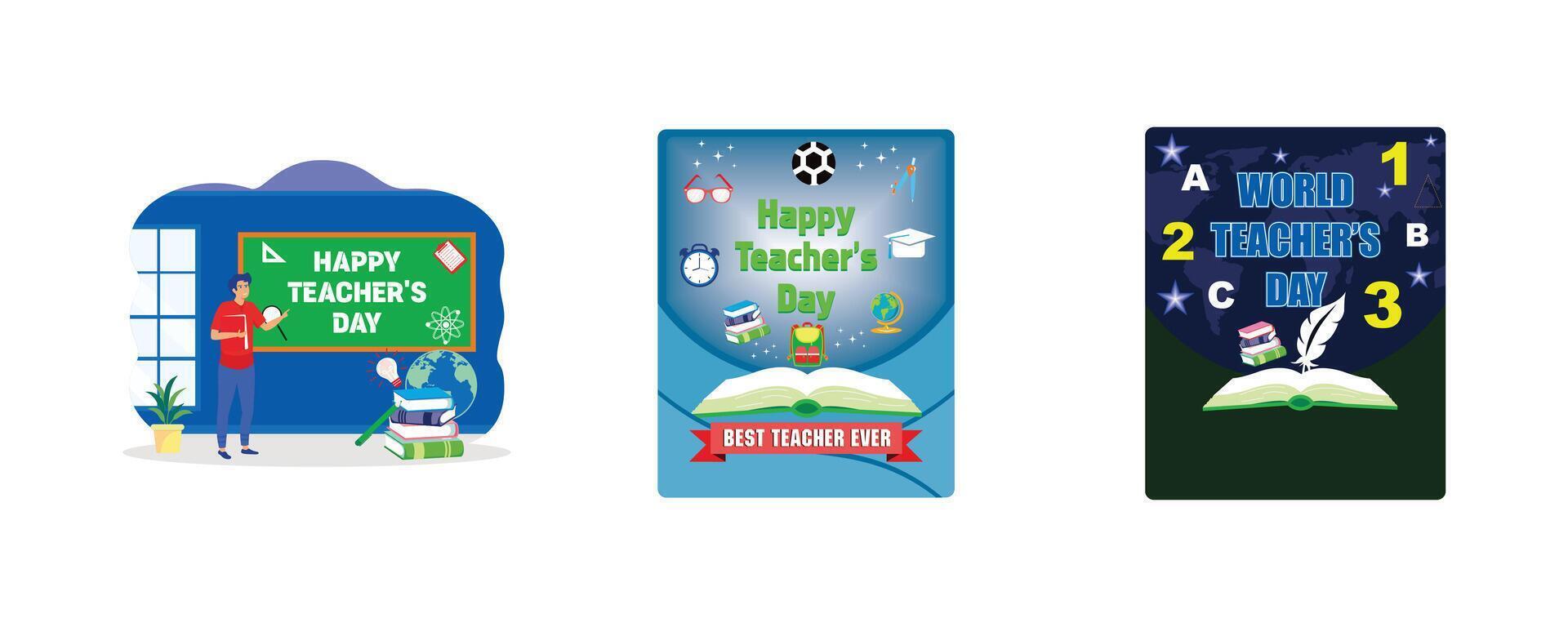 Celebration of teachers day on birthday. Happy teachers day banner with school equipment. World Teacher's Day. October 5. Set flat illustration vector